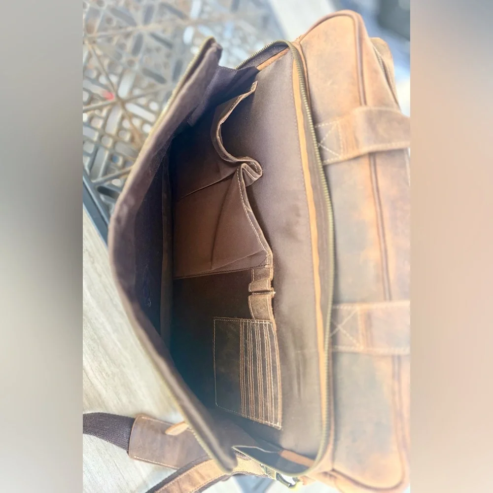 KomalC Leather Messenger Bag 18” Brown Distressed Laptop Bag Briefcase